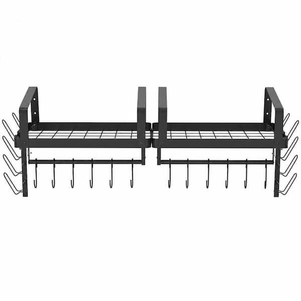 2-Pack Black Wall Mounted Pot Racks with Towel Bar and Pots Pans Lids Organizer, Kitchen Hanging Shelves with 12 Hooks