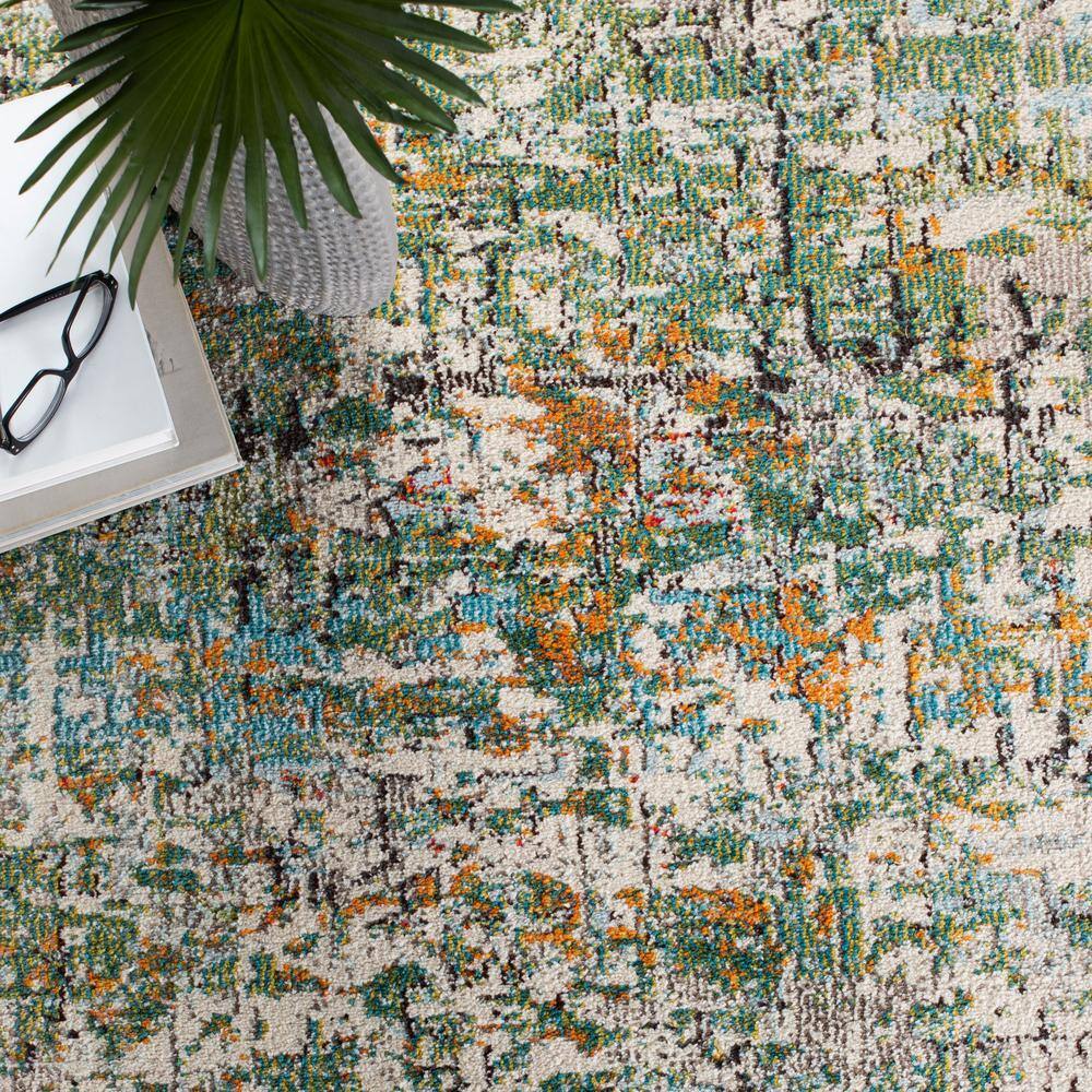 Green and Turquoise Abstract 5' Square Synthetic Area Rug