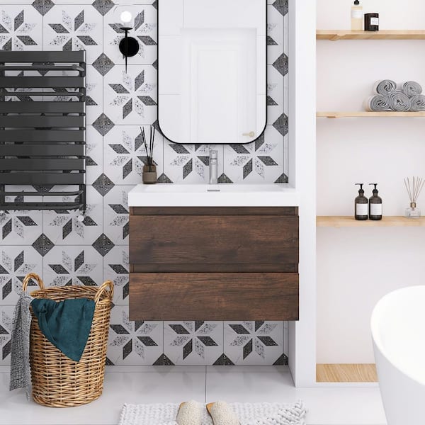 30 in. W x 19.5 in. D x 20.5 in. H Single Sink Wall-Mounted Bath Vanity in Roes Wood with White Resin Top