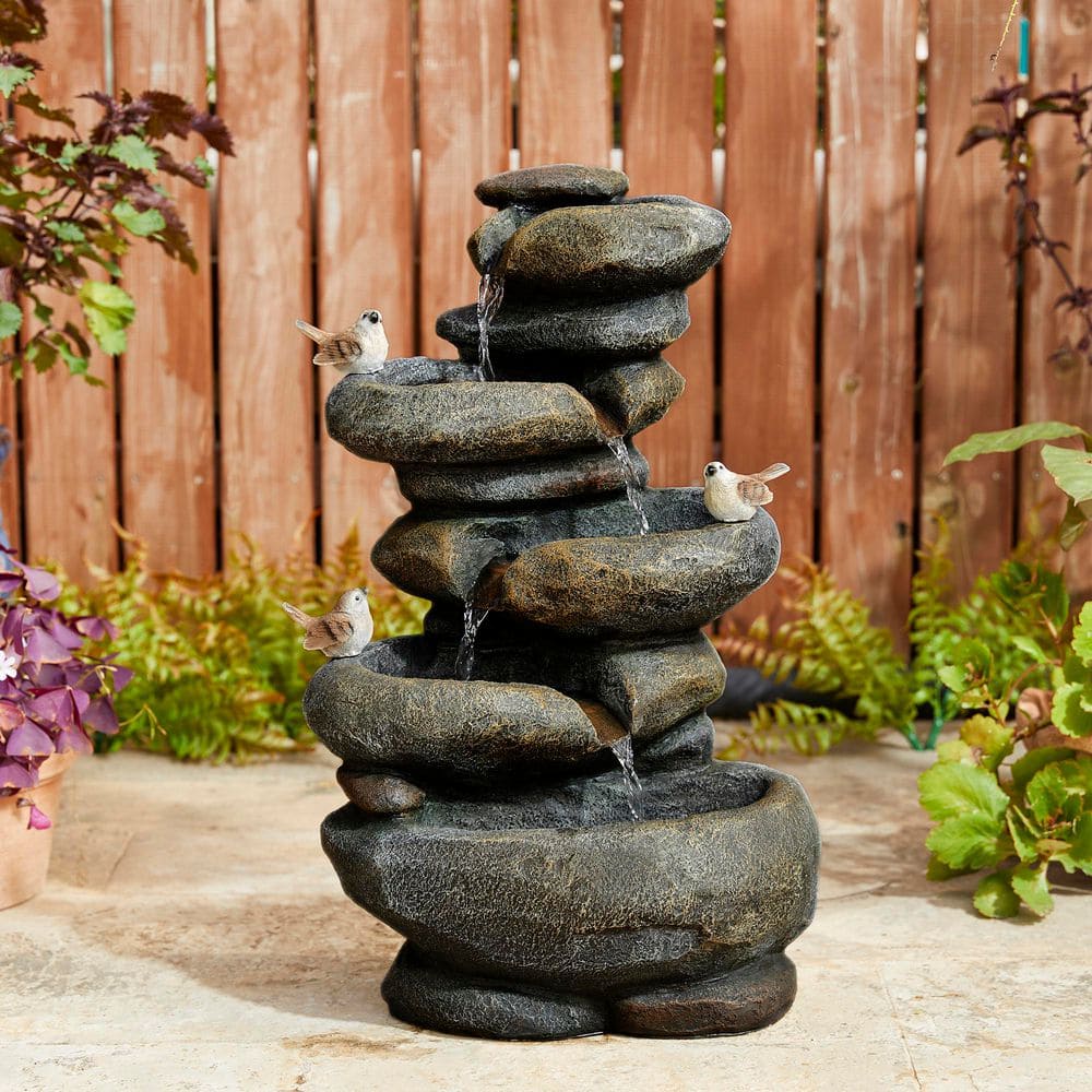 5-Tier Floor Natural Looking Rock Fountains with LED Pump Birds Decor, main image 0