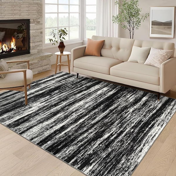 Modern Soft Thin Abstract Printed Carpet Machine for Bedroom Office Dining Room Black Gray, 9 ft. x 12 ft. Area Rug