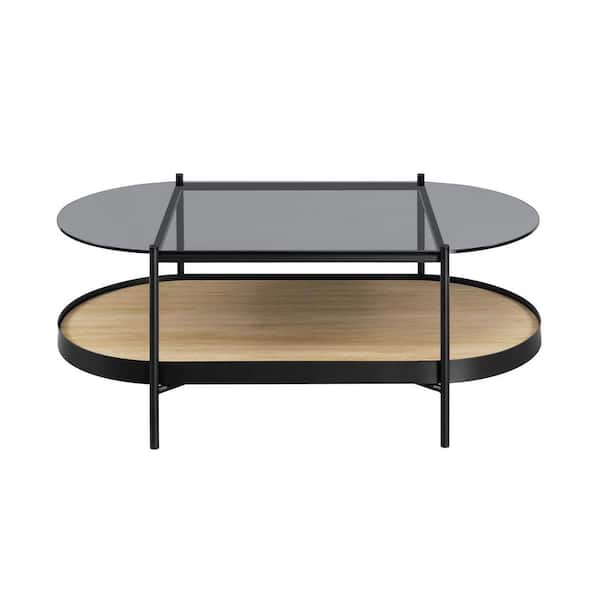 Welwick Designs 43 in. Coastal Oak/Black Oval Wood Modern GlassTop