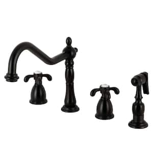 French Country 2-Handle Deck Mount Widespread Kitchen Faucets with Brass Sprayer in Matte Black