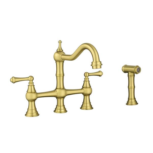 Double Handle Bridge Kitchen Faucet with Side Sprayer in Brushed Gold T