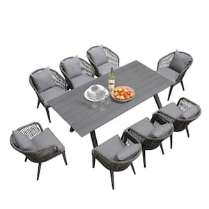 9-Piece All-Weather Wicker Outdoor Dining Set with Table All Aluminum Frame and Grey Cushions for Garden Backyard Deck