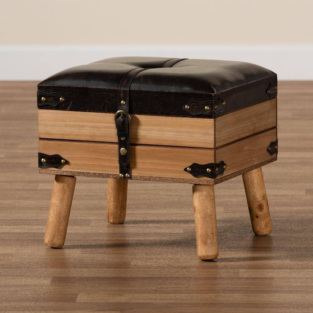 Rustic Oak and Dark Brown PU Leather Small Storage Ottoman