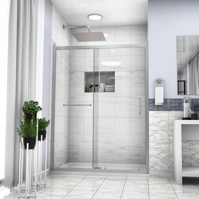 Lindsay 32 in. W x 75 in. H Sliding Semi Frameless Shower Door/Enclosure in Bright Silver with Clear Glass