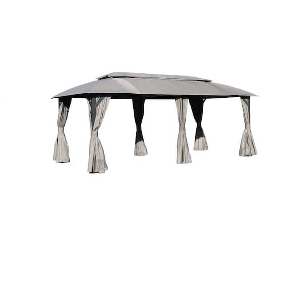 Sudzendf 10 ft. x 20 ft. Gray Heavy-Duty Metal Outdoor Gazebo with Double Roofs, Privacy Curtains, Mosquito Nettings