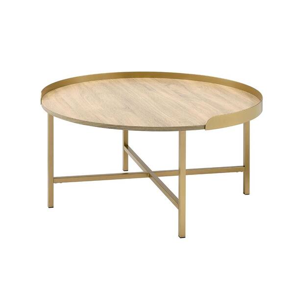 Acme Furniture 34 In Mithea Round Oak Tabletop And Gold Finish Wood Coffee Table 82335 The Home Depot Acme Furniture 34 In Mithea Round Oak, Round Wood Table Tops Home Depot