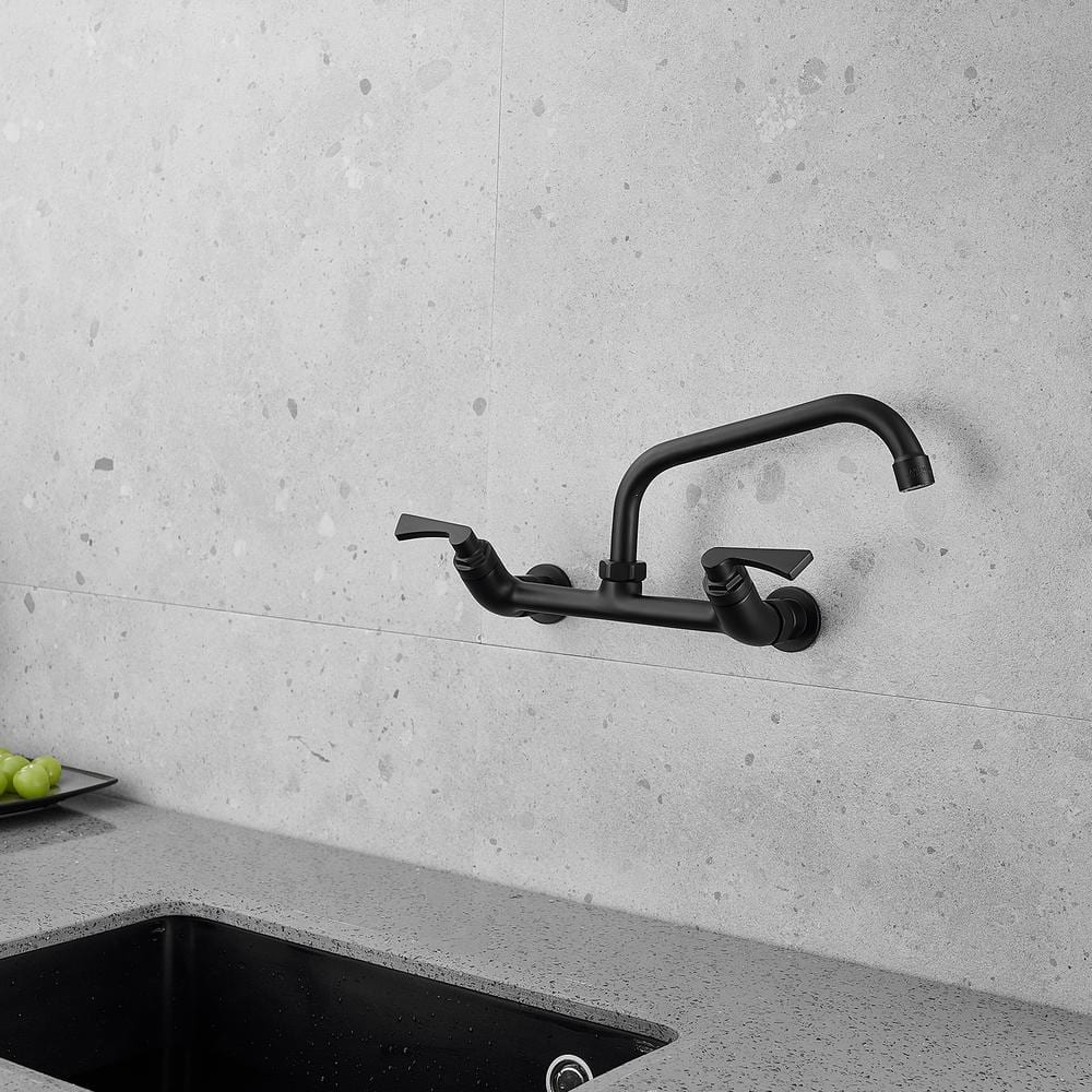 Matte Black Double-Handle Wall-Mount Kitchen Faucet
