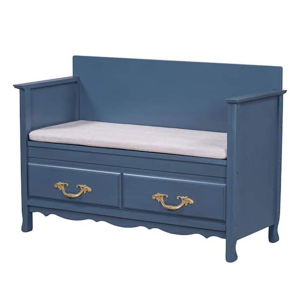 29.9 in. H x 43.3 in. W Antique Navy MDF Shoe Storage Bench with Removable Cushion