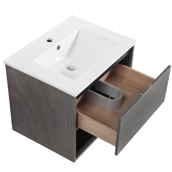 24 Modern White Floating Bathroom Vanity with Drawer Shelf Integral Single Ceramic Sink