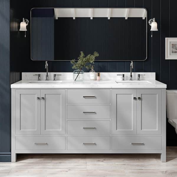 ARIEL Cambridge 72 in. W x 22 in. D x 36 in. H Double Rectangle Sink Bath Vanity in Grey with Carrara White Quartz Top