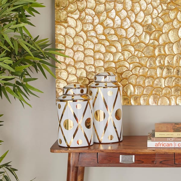 Novogratz White Ceramic Geometric Decorative Jars with Gold Accents (Set of 2)
