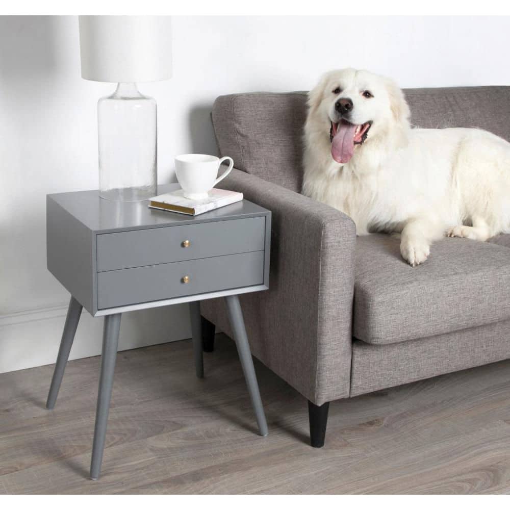 Gray Wooden Midcentury Modern Side Table with Storage Drawers