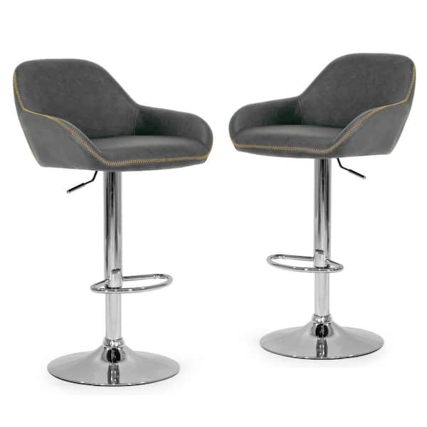 Glamour Home 32.75 in. Vintage Grey Color Faux Leather with Contrasting Stitching Alan Adjustable Height Swivel Bar Stool (Set of 2)