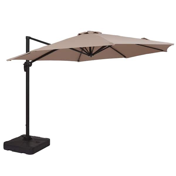 Kadehome 11 ft. Market Cantilever Outdoor Patio Umbrella with Crank and Base in Beige