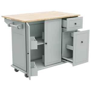 Gray Blue Solidwood Drop Leaf 54 in. Rolling Kitchen Island Cart with Large Internal Storage Rack and Spice Towel Rack