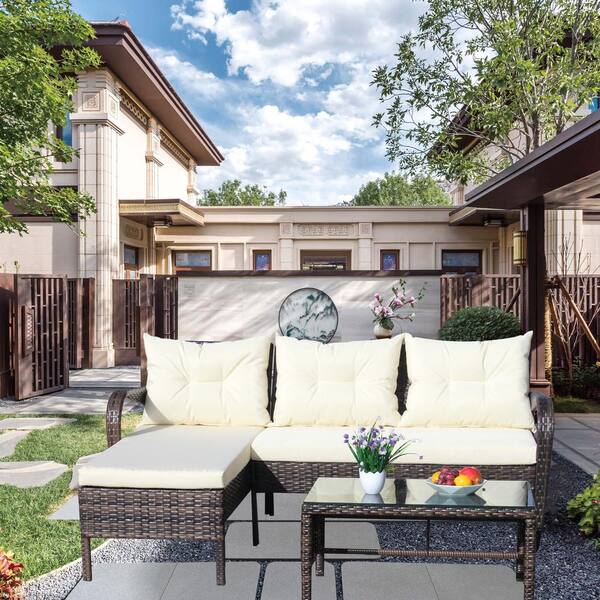 Unbranded 3 Piece Wicker Outdoor Patio Conversation Sectional Sofa Set with Tempered Glass Coffee Table and Beige Seat Cushions