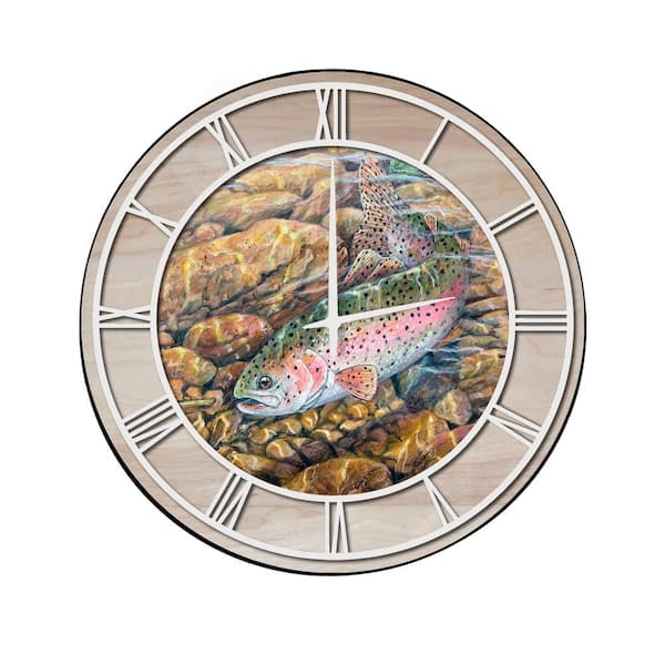 Unbranded "Rainbow Trout" Woodgrain Accent and White Numbers Imaged Wall Clock
