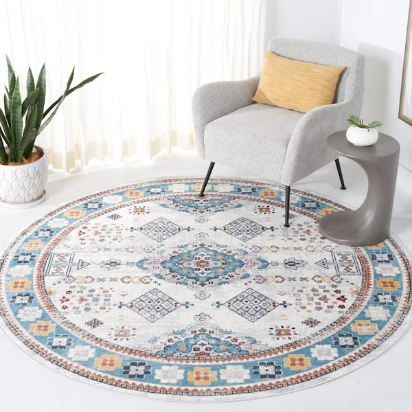 Bayside Grey/Blue 7 ft. x 7 ft. Machine Washable Border Medallion Round Area Rug