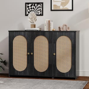 Antique Black Wood 48.8 in. Storage Sideboard with 3 Artificial Rattan Doors and Metal Handles