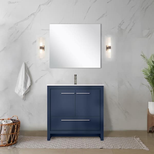 Clairo 36 in. W x 20 in. D Navy Blue Bath Vanity with White Quartz Top, Chrome Faucet Set and 28 in. Mirror