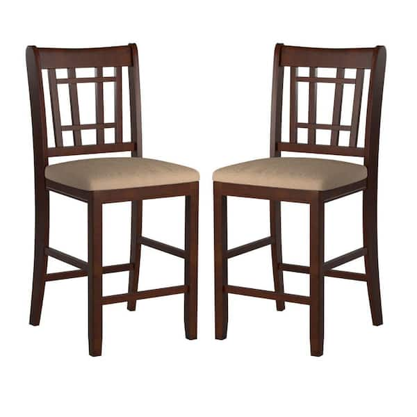 Benjara 41 in. Dark Brown and Cream Wooden Counter Height Chair (Set of ...