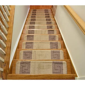 Greek Key Collection Beige Color ​8½ inch x 30 inch Indoor Carpet Stair Treads Slip Resistant Backing Set of 3