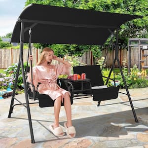 2-Person Metal Canopy Porch Swing Padded Chair Cooler Bag Rotatable Tray Black