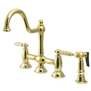 Restoration Double-Handle Deck Mount Gooseneck Bridge Kitchen Faucet with Brass Sprayer in Polished Brass