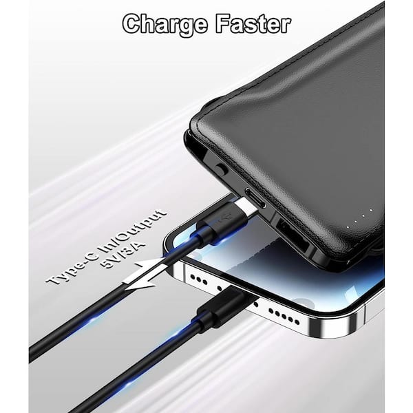 10000mAh Portable Charger, Ultra Slim Power Bank,4 Output External Battery  Pack with Built-in AC Wall Plug Micro and USB C Three Cables Compatible
