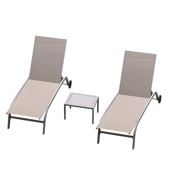Cesicia Khaki Outdoor Chaise Lounge Chairs for Outside with Wheels and 5 Adjustable Position (Set of 3)