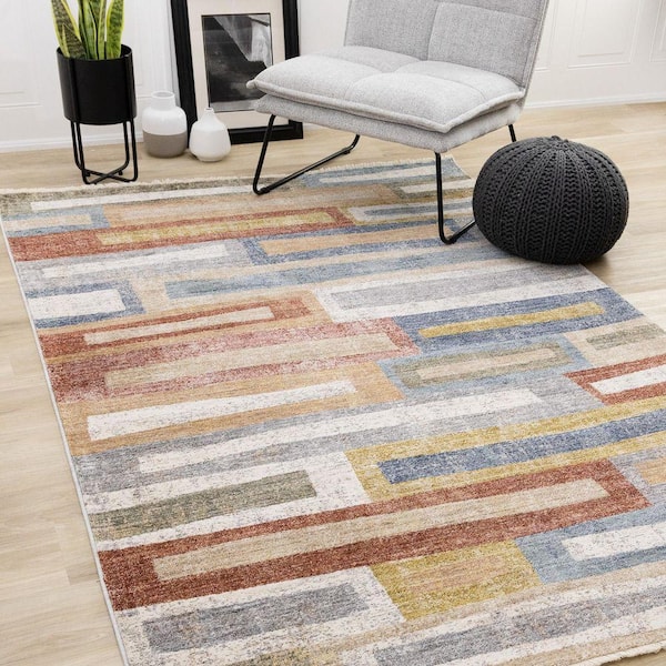 Ceyra Collections 5 ft. x 8 ft. Orange Distressed, Geometric Indoor Area Rug