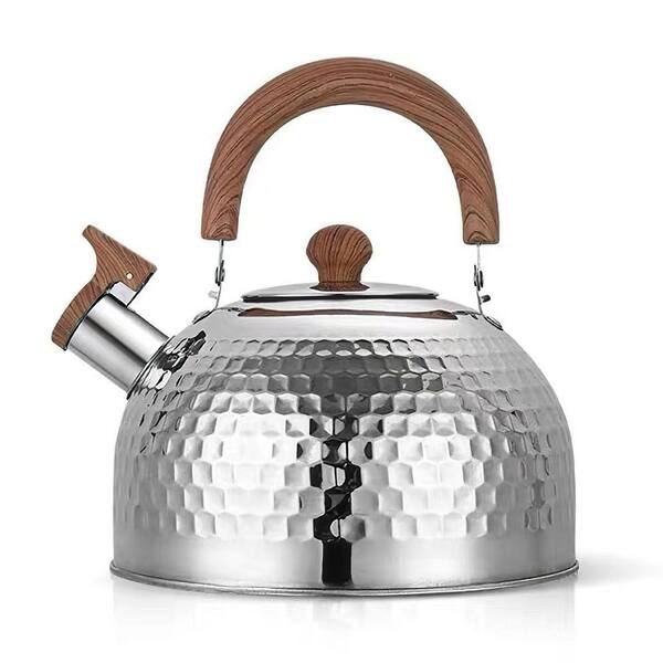 Stainless Steel 2-Liter Whistling Kettle Wood Pattern Handle Compatible with Induction Gas Electric Stovetops