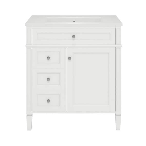 30 in. Single Sink Freestanding White Bath Vanity with White Ceramic Top, Adjustable Shelf, Tip-out Drawer, 2 Drawers