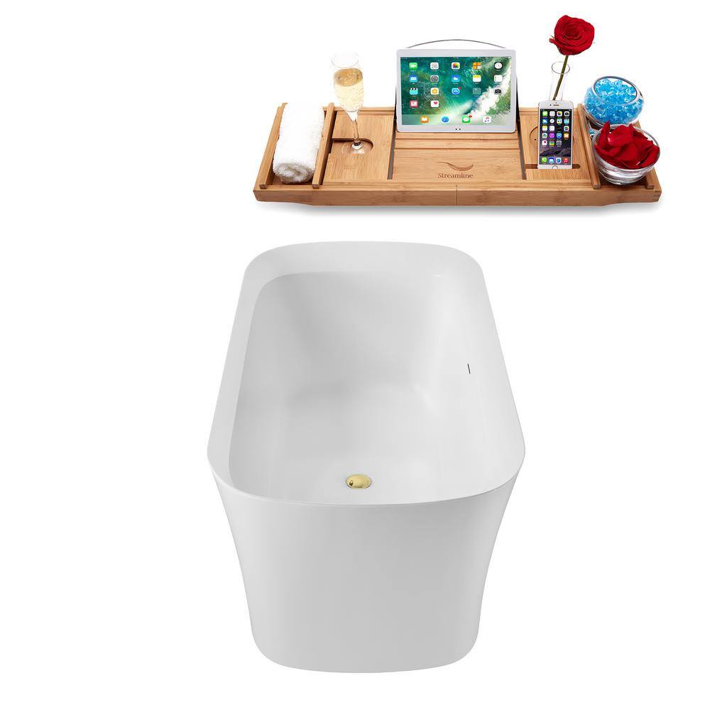 67" Glossy White Acrylic Freestanding Soaking Tub with Bamboo Tray