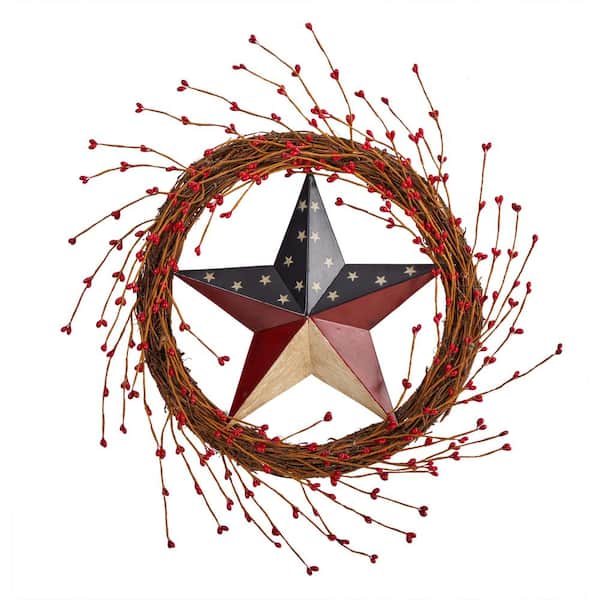 Nearly Natural 20 in. Artificial Americana Patriotic Star Wreath Red White and Blue