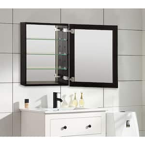 23 in. W x 30 in. H Black Aluminum Recessed/Surface Mount Bathroom Medicine Cabinet with Mirror, 3 Glass shelves