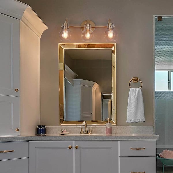 Stockton Modern 3-Light Gold Bathroom Vanity Light Powder Room Wall Sconce with Clear Globe Glass Shades