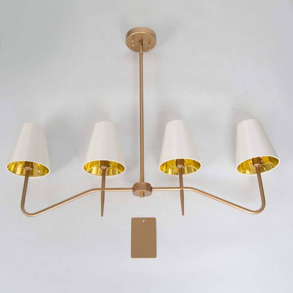 Gold Metal 4-Light Linear Chandelier with White Fabric Shades