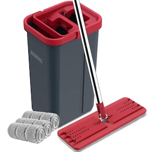 Black and Red Microfiber Flat Mop and Bucket with Wringer Set
