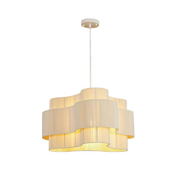 Nira 25.2 in. 1-Light Matte White Double-Layer Thread Fabric Boho Pendant Light with Beige Asymmetrical Shade