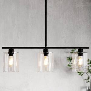 3-Light Black Simple Linear Hanging Light, Kitchen Island Pendant with Clear Glass Shades
