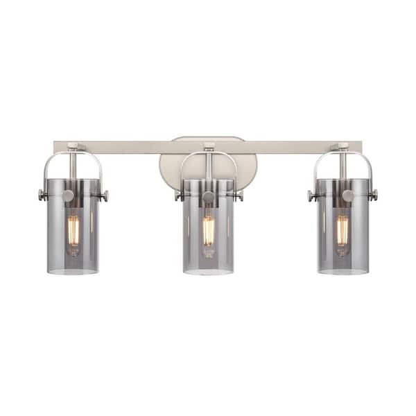 Pilaster II Cylinder 24.88 in. 3-Light Satin Nickel Vanity Light with Black Glass Shade