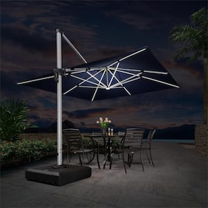 11 ft. Square Aluminum Solar Powered LED Patio Cantilever Offset Umbrella with Stand, Navy Blue