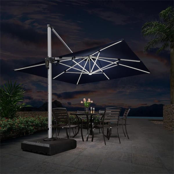PURPLE LEAF 11 ft. Square Aluminum Solar Powered LED Patio Cantilever Offset Umbrella with Stand, Navy Blue