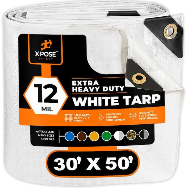Heavy Duty White Poly Tarp 30 ft. x 50 ft. Multipurpose Protective Cover Durable Extra Thick 12 Mil Polyethylene