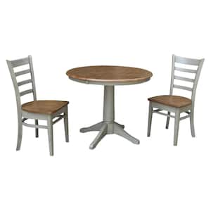 Olivia 3-Piece 36 in. Hickory/Stone Extendable Solid Wood Dining Set with Emily Chairs