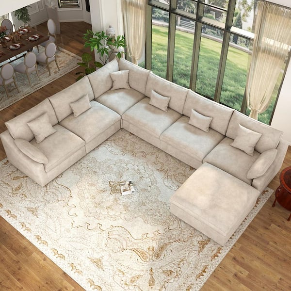 J&E Home 155.9 in. Square Arm 7-Piece Linen Down Modular Free